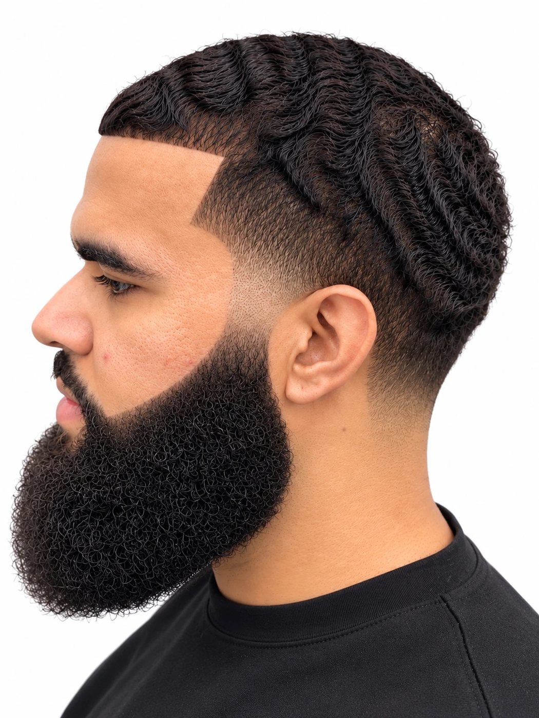 Waves with drop fade and full beard